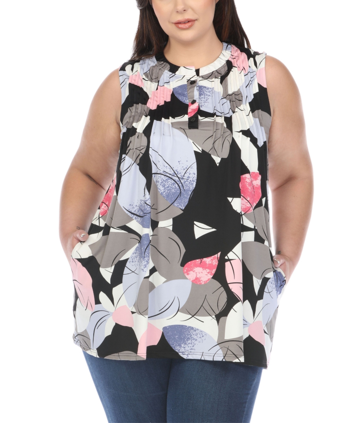 WHITE MARK PLUS SIZE PLEATED FRONT SLEEVELESS TUNIC TOP 