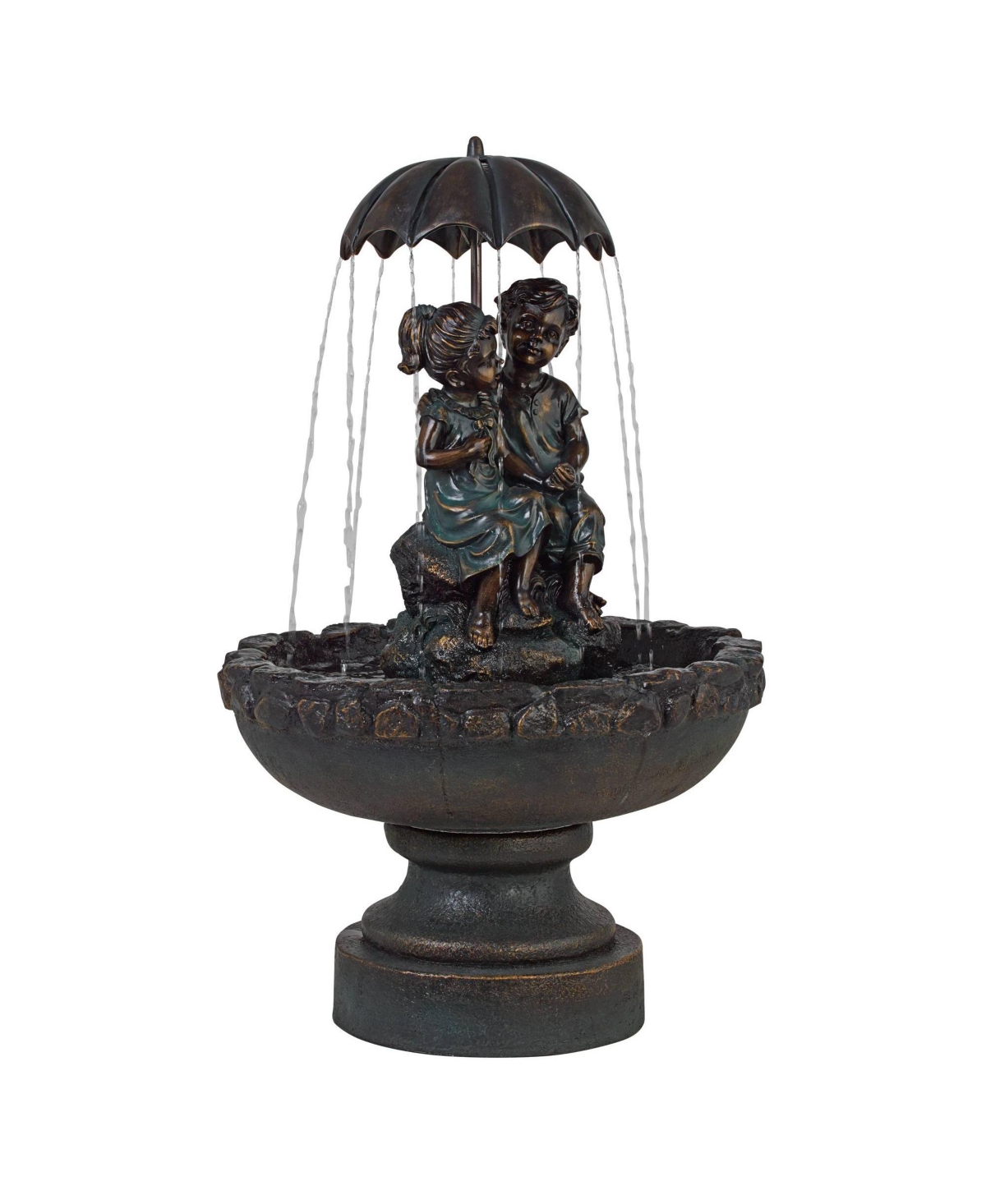 John Timberland Boy and Girl Under Umbrella Outdoor Floor Water Fountain High Copper Green Bronze Resin for Garden Patio Yard Deck Home Lawn Porch