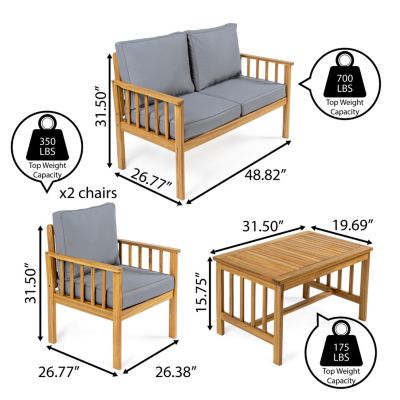 Everly 4-Piece Modern Cottage Acacia Wood Outdoor Patio Set with Cushions and Tropical Decorative Pillows, Gray/Teak Brown