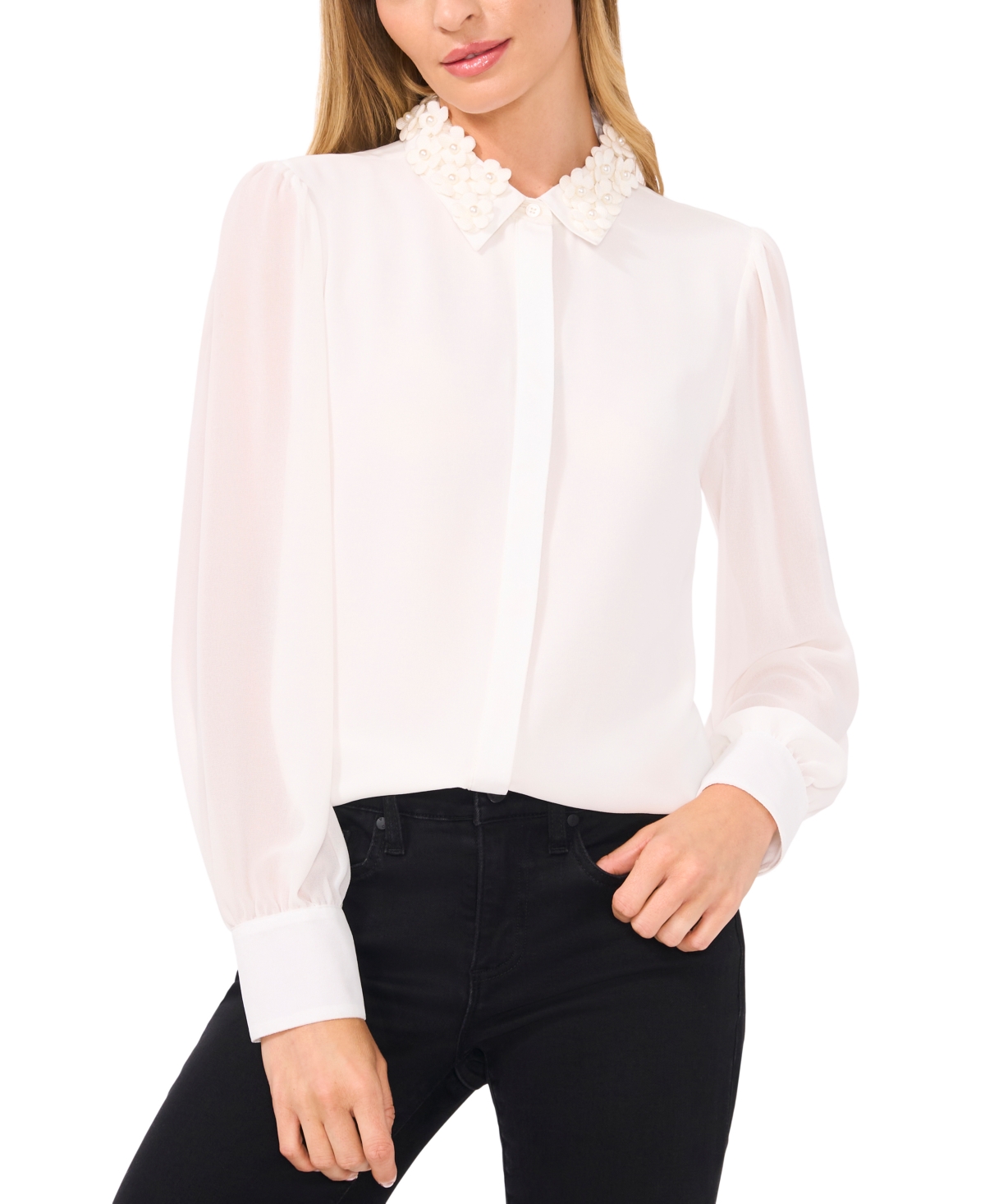Cece Floral Applique Collared Blouse In New Ivory