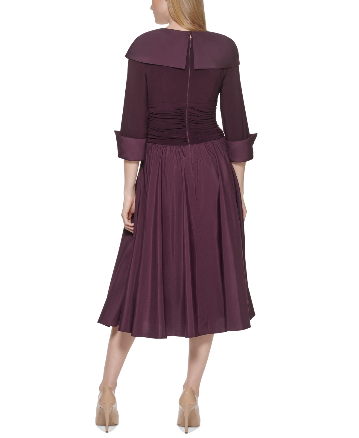 Jessica Howard Petite Mixed Materials 3 4 Sleeve Fit Flare Dress Eggplant Smart Closet