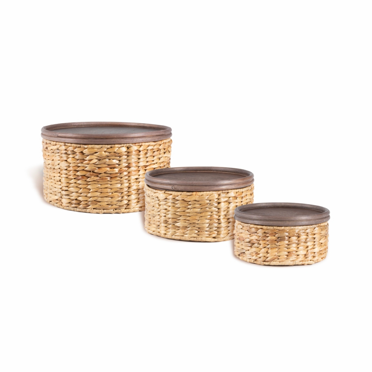 Gouda Southwestern Hand-Woven Hyacinth Circular Nesting Baskets with Wood Lids, Natural (Set of 3) - Natural