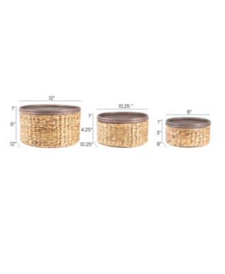 Gouda Southwestern Hand-Woven Hyacinth Circular Nesting Baskets with Wood Lids, Natural (Set of 3)