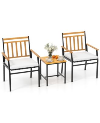 3 Pieces Outdoor Furniture Set Acacia Wood Patio Conversation Set with Cushions