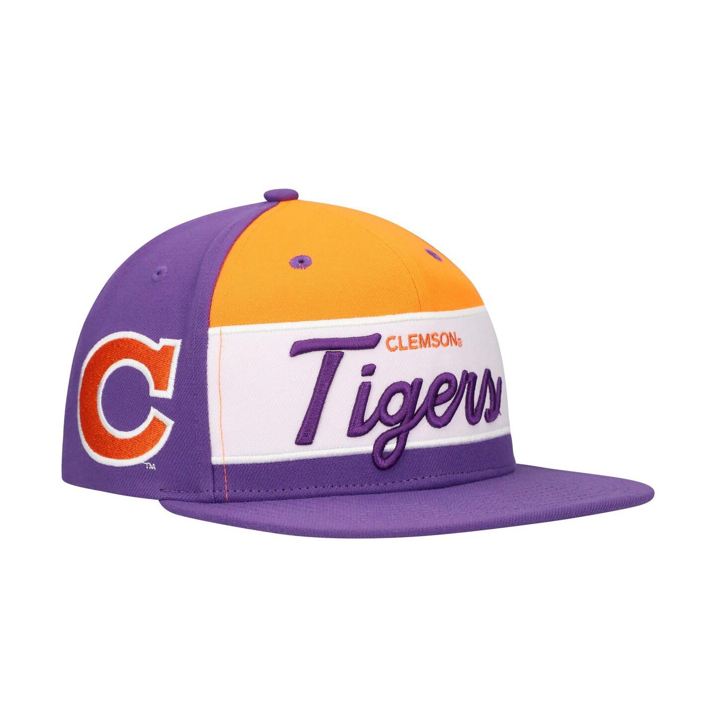 Мужская кепка Mitchell & Ness White/Purple Clemson Tigers Retro Sport Colorblock Script Snapback Hat — фото 1