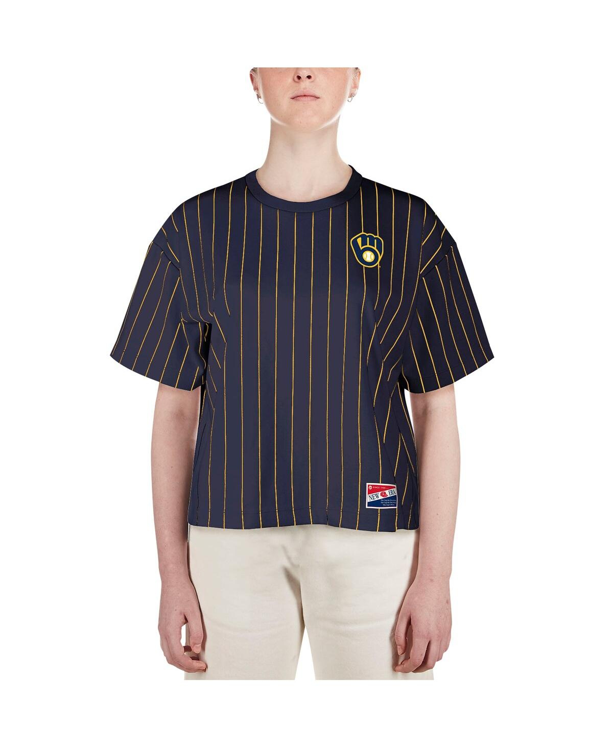 NEW ERA WOMEN'S NAVY MILWAUKEE BREWERS BOXY PINSTRIPE T-SHIRT 