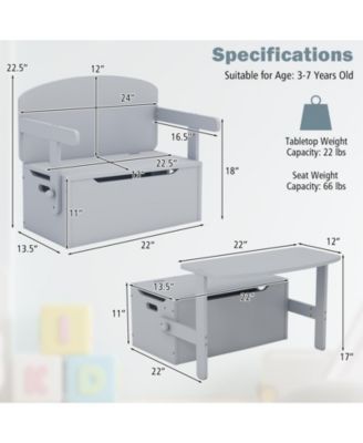 3-in-1 Kids Convertible Storage Bench Wood Activity Table and Chair Set