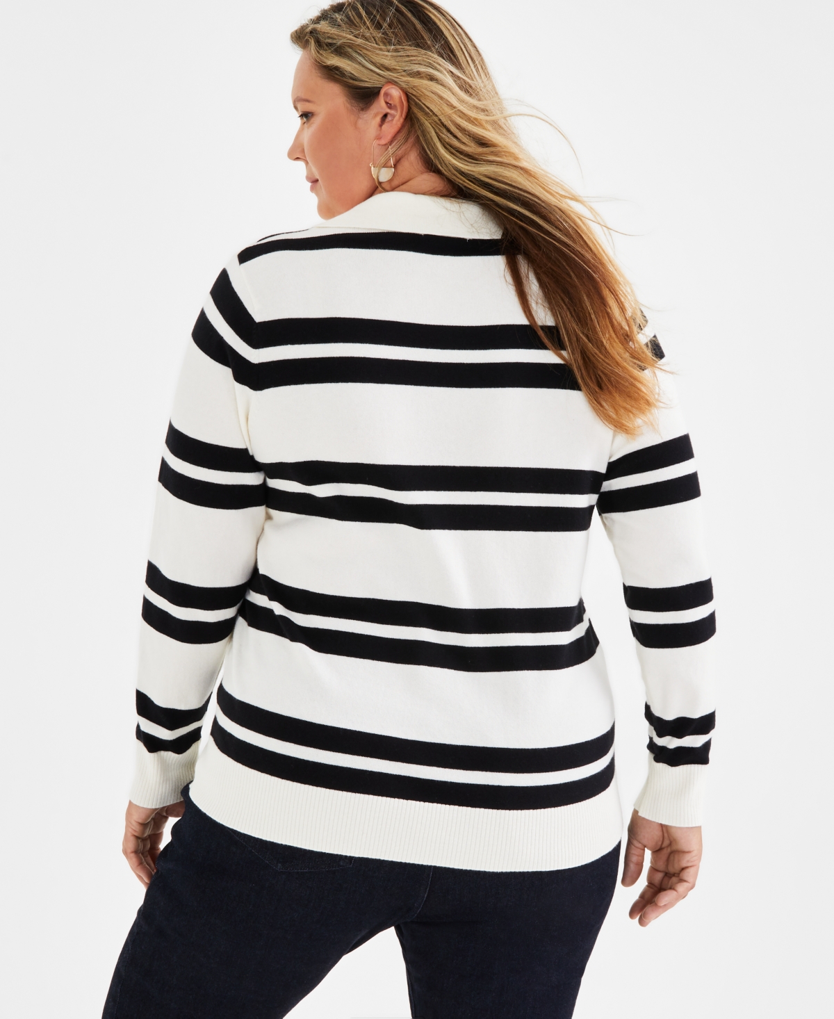 Style & Co Plus Size Striped Johnny-Collar Pullover Sweater, Created for Macy's