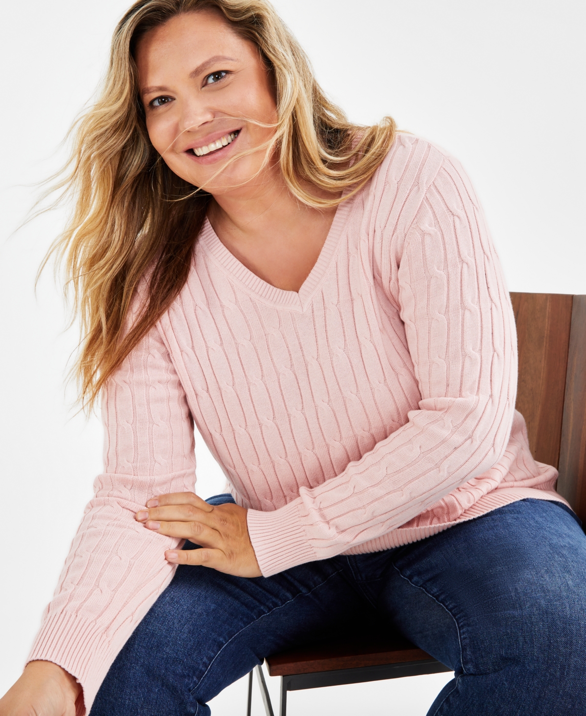 Style & Co Plus Size Cotton Cable-Knit V-Neck Sweater, Created for Macy's