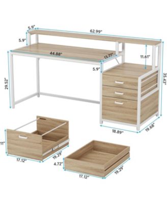 63 Inch Computer Desk with File Drawer Cabinet, Ergonomic Office Desk with Monitor Stand, Computer Table with Printer Space, Wood PC Table Workstation Desk for Home Office