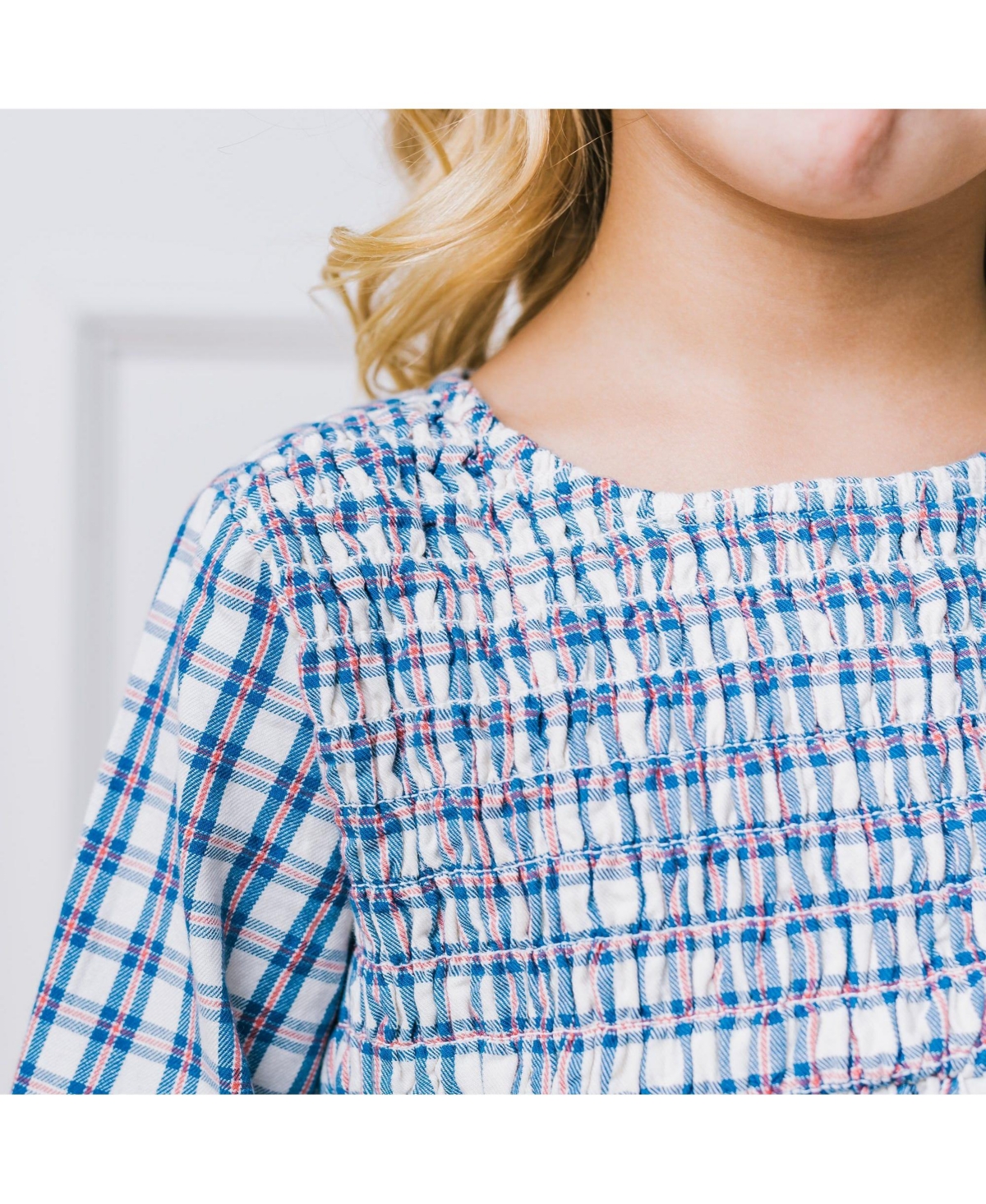 Hope & Henry Toddler Girls Long Sleeve Calvary Twill Smocked Front Dress - Ivory and blue check