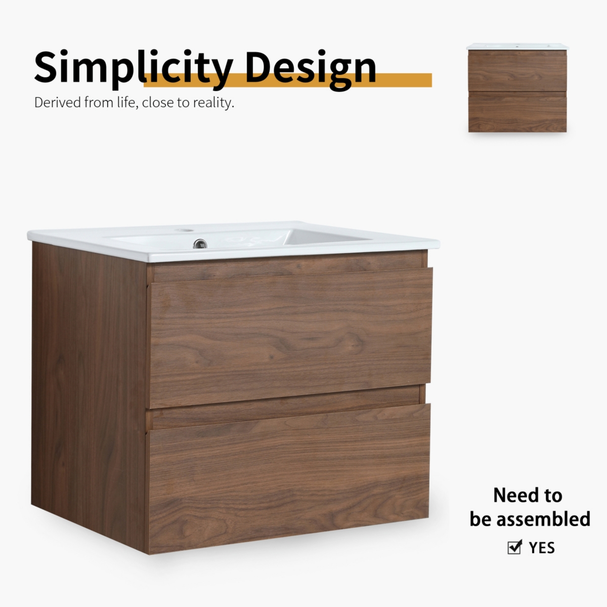 Simplie Fun 24" Wood Grain Vanity with Ceramic Sink & Soft-Close Drawers