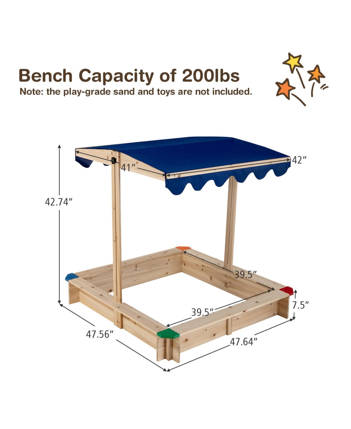 Slickblue Kids Wooden Sandbox with Height Adjustable and Rotatable Canopy Outdoor Playset - Blue