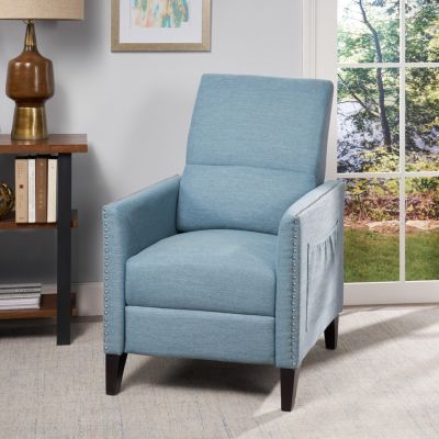 Single Piece Fabric Contemporary Push-Back Recliner With Studded Accents