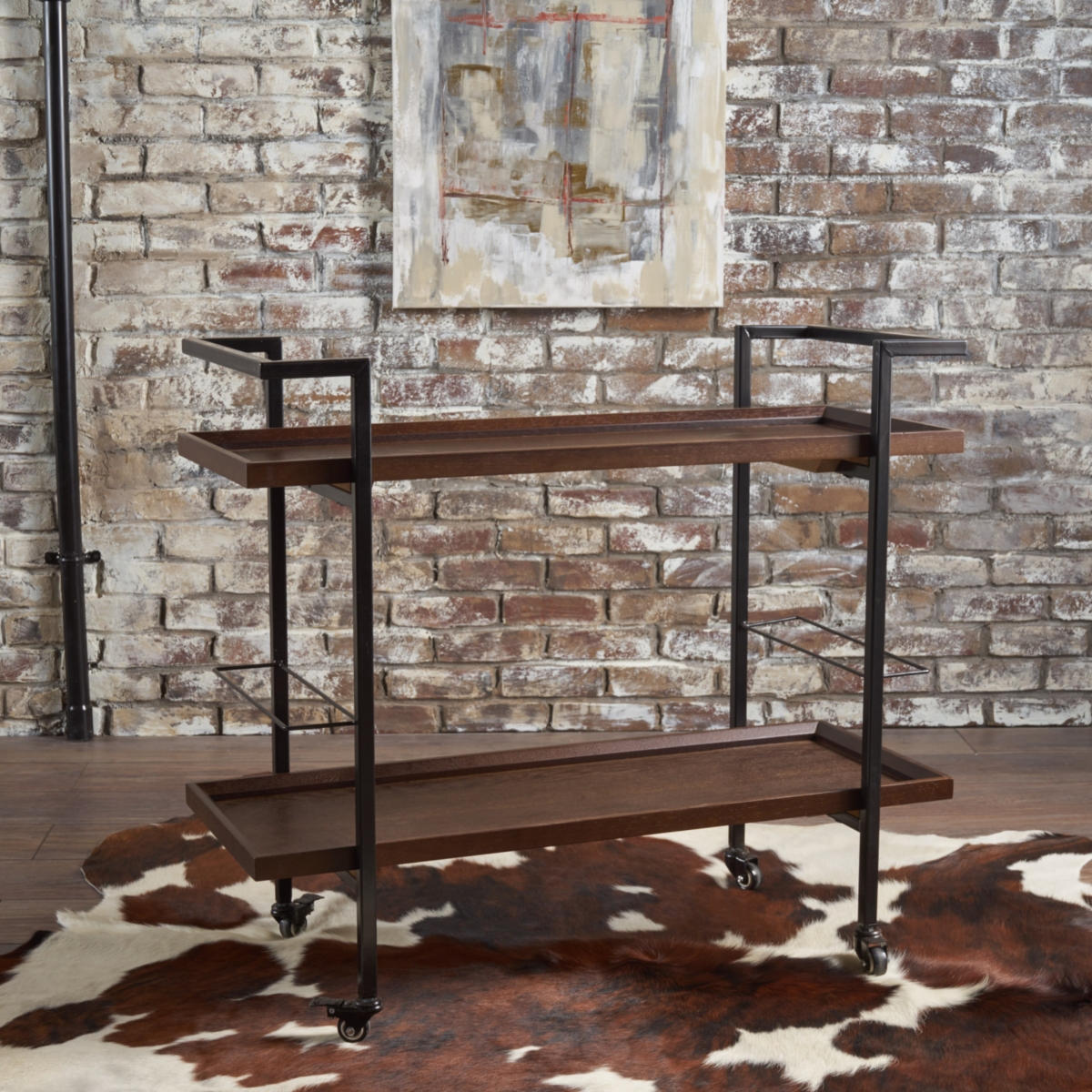 Simplie Fun Modern Industrial Bar Cart With Shelving, Bottle Holders, And Rolling Casters