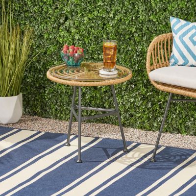Modern Rattan Side Table With Tempered Glass Top