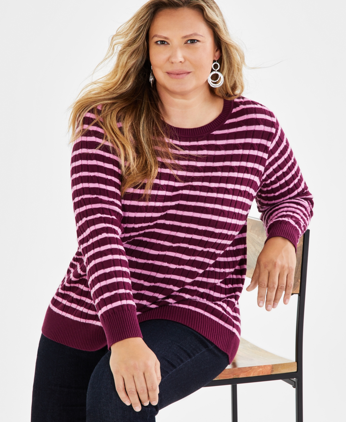 Style & Co Plus Size Cotton Striped Cable-Knit Crewneck Sweater, Created for Style & Co