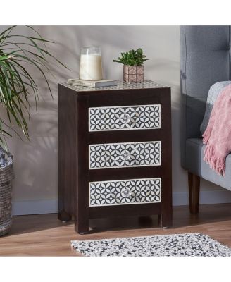 Mango Wood Bone Inlay Nightstand With 3 Drawers