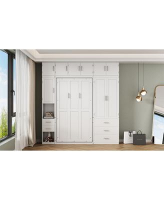 Twin Size Murphy Bed with Lockers & Wardrobes, White