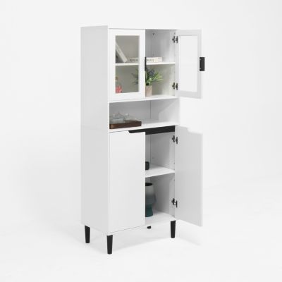 Tall Storage Cabinet with Glass Display & Doors, Modern White Cabinet