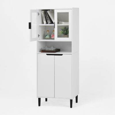 Tall Storage Cabinet with Glass Display & Doors, Modern White Cabinet