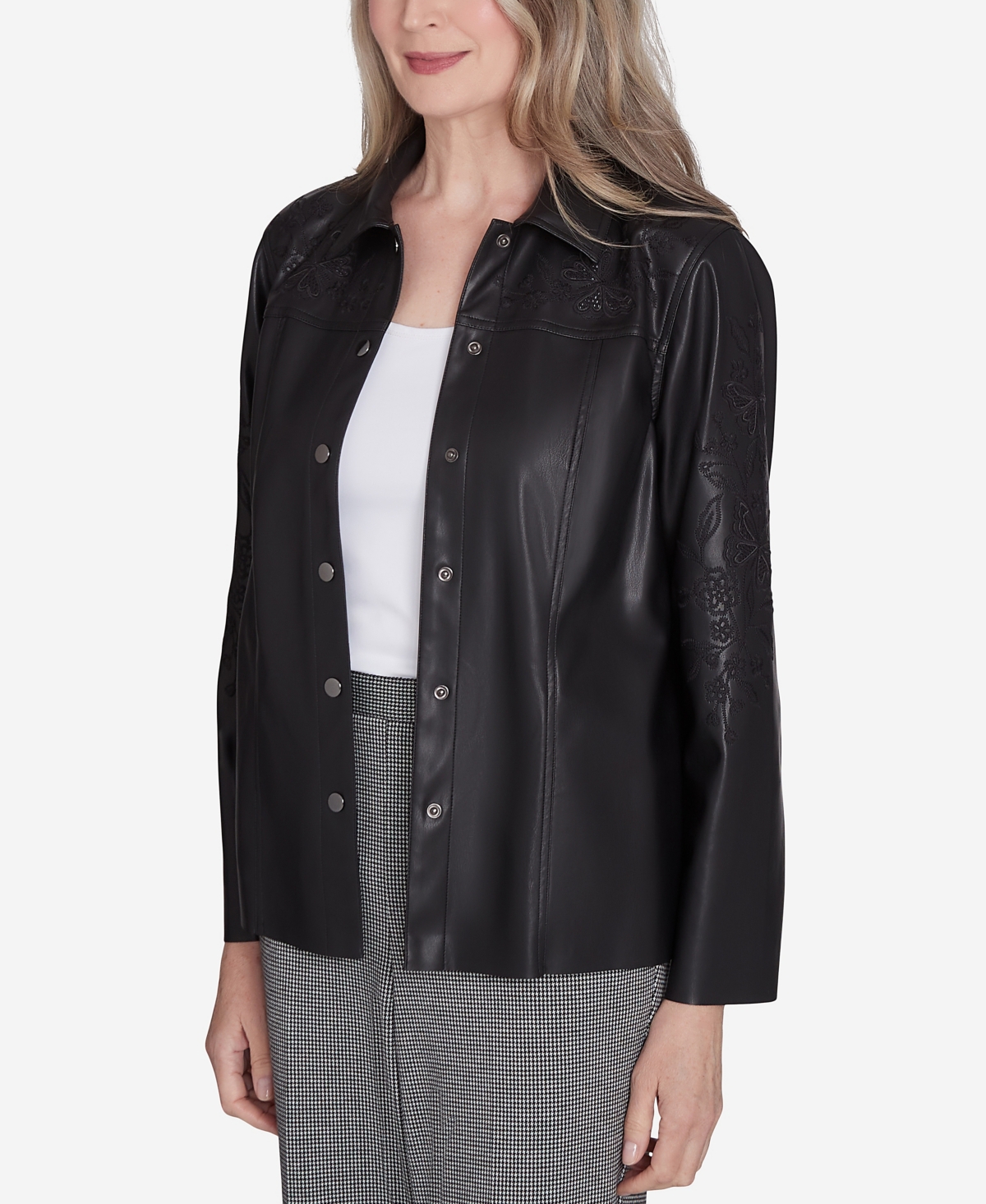 Alfred Dunner Petite Runway Ready Floral Embroidered Faux Leather Jacket In Black