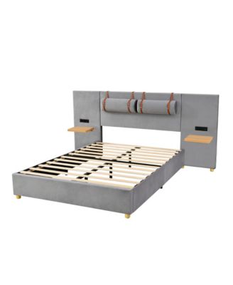 Streamdale Queen Bed with Outlets, Pillows, Shelves, Velvet