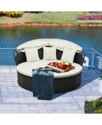Clamshell Patio Round Daybed Wicker with Retractable Canopy and Pillows