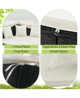 Clamshell Patio Round Daybed Wicker with Retractable Canopy and Pillows