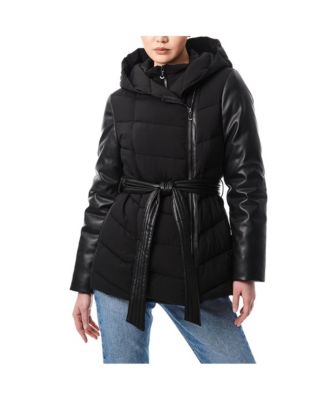 Women's Short Faux Leather Combo Puffer