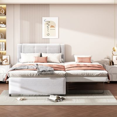 Beige Upholstered Platform Bed with Trundle