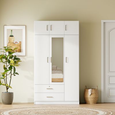 Modern 3-Door Wardrobe with Drawers, Mirror, & Cabinet