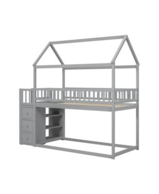 Simplie Fun Twin House Bunk Bed with Storage and Play Area in Gray