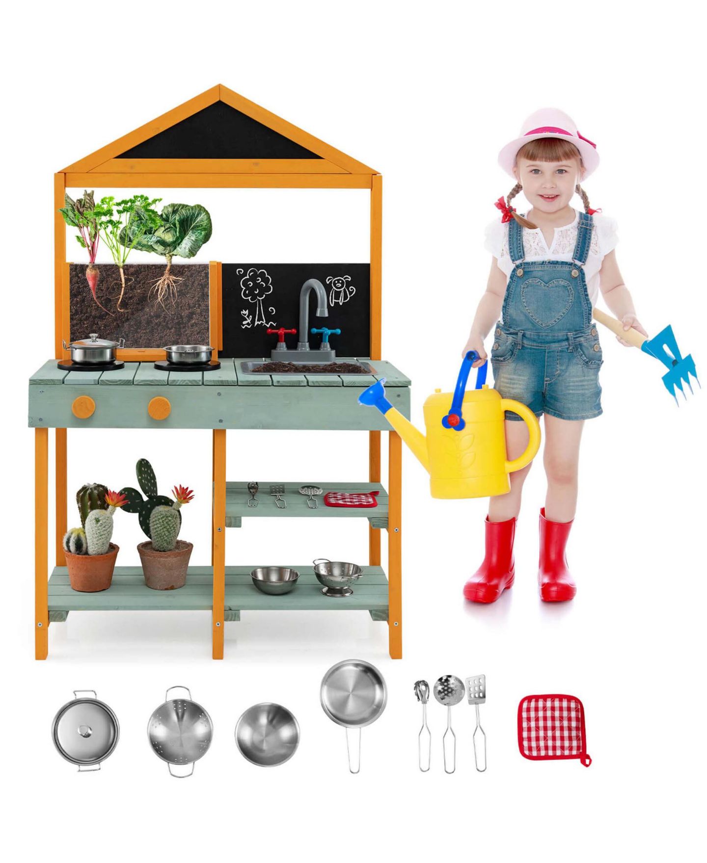 Игровой набор Costway Outdoor Root Viewer, грядка и грязевая кухня, 9 предметов, от 3 лет, цвет: Натуральный — фото 1