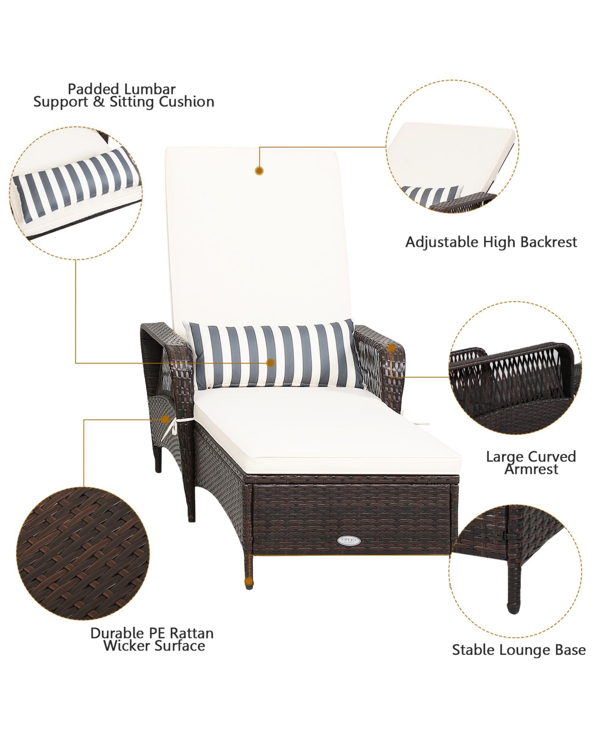 Gymax Rattan Patio Lounge Chair Chaise w/ Adjustable Backrest Cushion & Pillow - White+mix brown