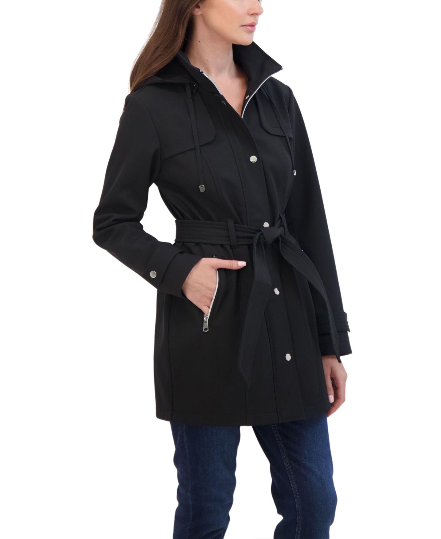 Женское пальто Sebby Collection Belted Zip Front Soft Shell Trench Coat With Detachable Hood, цвет: Чёрный — фото 2