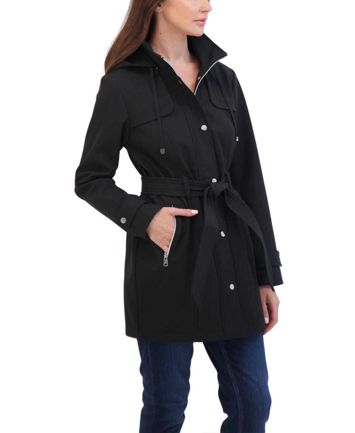 Sebby Collection Women's Belted Zip Front Soft Shell Trench Coat With Detachable Hood