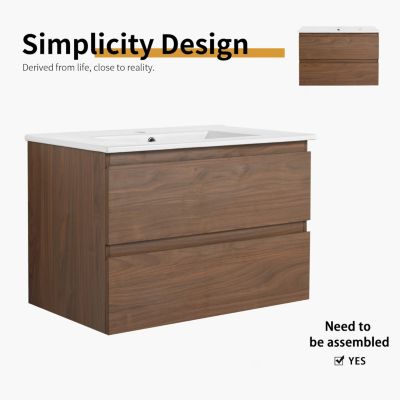 30" Wood Grain Vanity with Ceramic Sink and Soft-Close Drawers