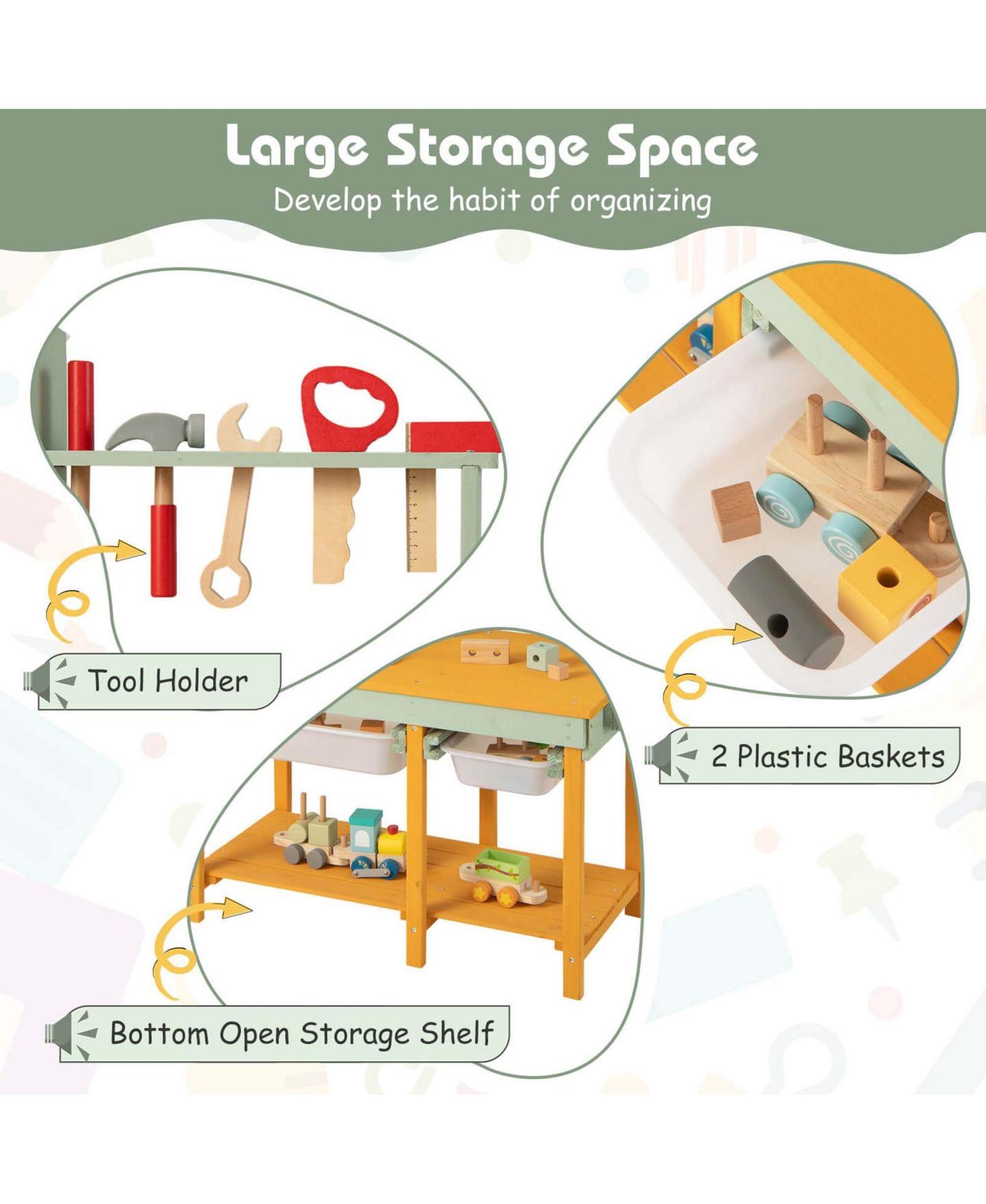 Детская игрушка Costway Kids Wooden Toy Workbench with Storage Space Blackboard Tool, цвет: Коричневый — фото 6