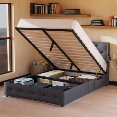 Bed Frame with Storage, USB Ports, Modern Wingback Headboard