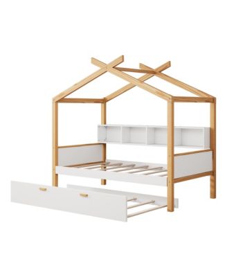 Twin House Bed with Trundle & Bookshelves