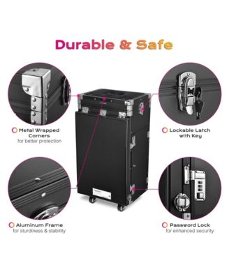 Rolling Makeup Train Case Patented Design Pedicure Nail Salon Nail Foldable Trolley Cosmetic Organizer Black with Stool