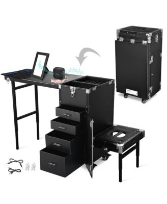 Rolling Makeup Train Case Patented Design Pedicure Nail Salon Nail Foldable Trolley Cosmetic Organizer Black with Stool