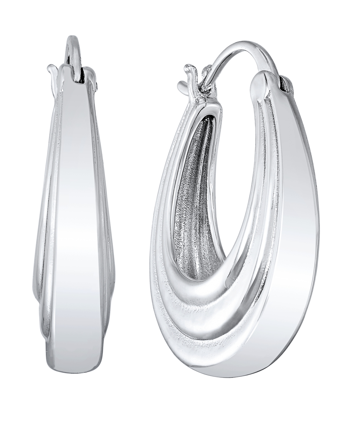 And Now ThisPlated or 18k Gold Plated Brass Oval Textured Hoop Earring - Silver