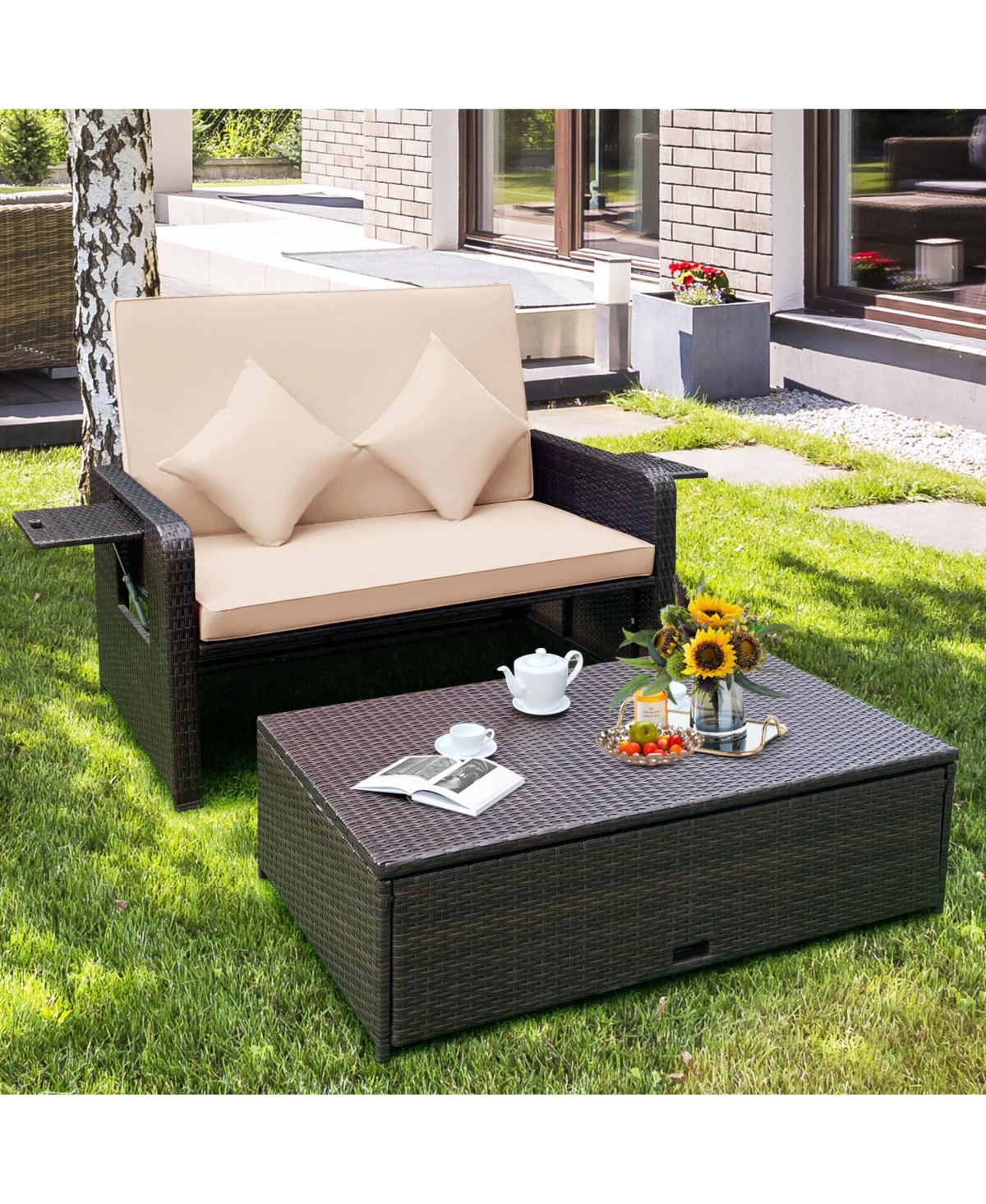 Slickblue Patio Rattan Daybed with 4-Level Adjustable Backrest and Retractable Side Tray-Brown