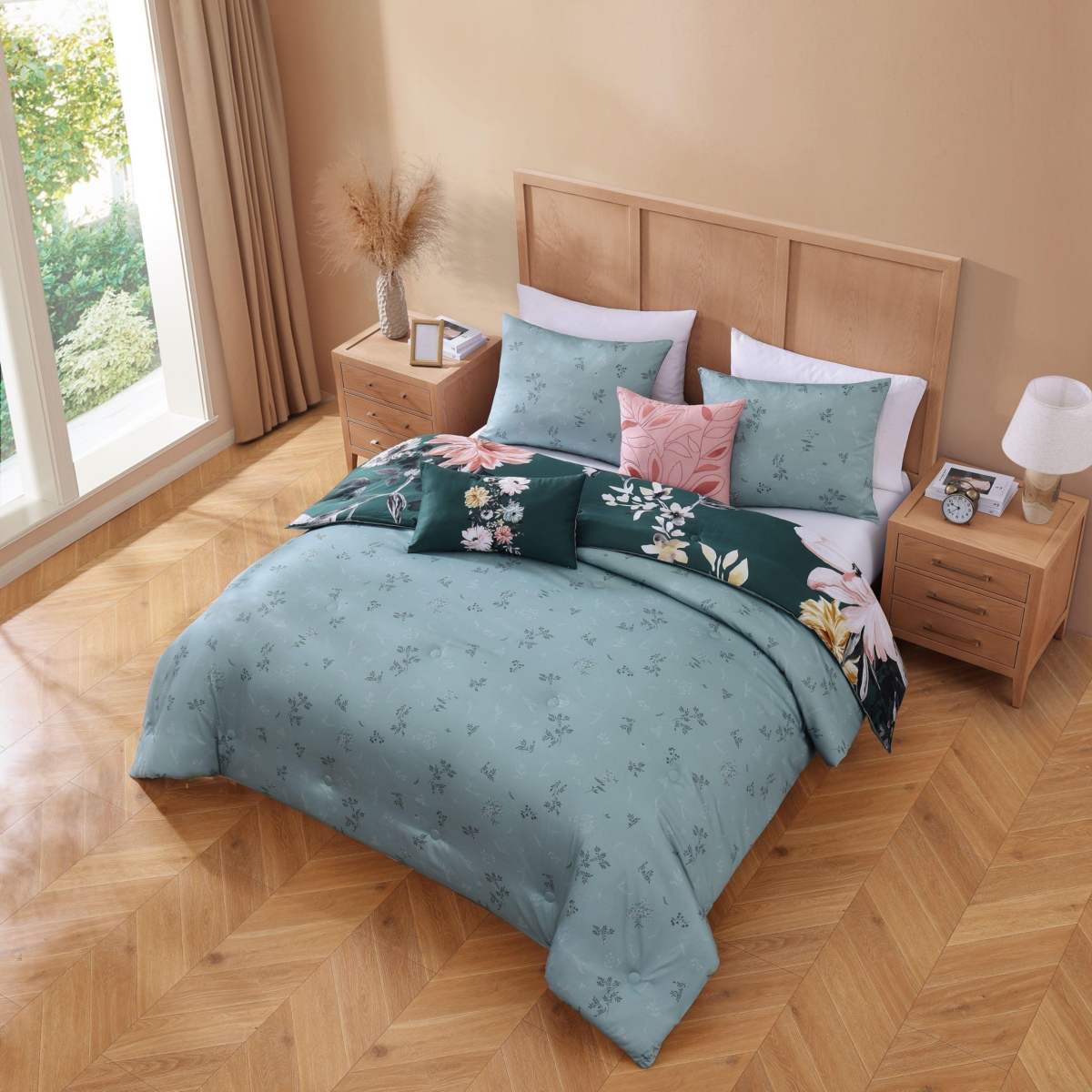Bebejan Wild Flowers onBedding 200 Thread Count 100% Cotton Sateen 5 Piece Reversible Size Comforter Set - Teal