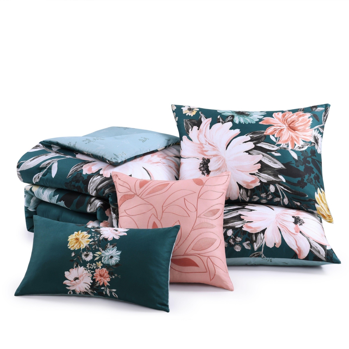 Bebejan Wild Flowers onBedding 200 Thread Count 100% Cotton Sateen 5 Piece Reversible Size Comforter Set - Teal