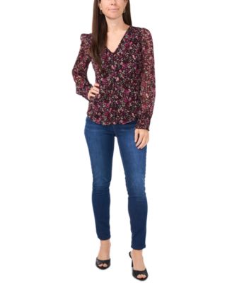 Sam & Jess Petite Floral-Print Puffed-Shoulder Top