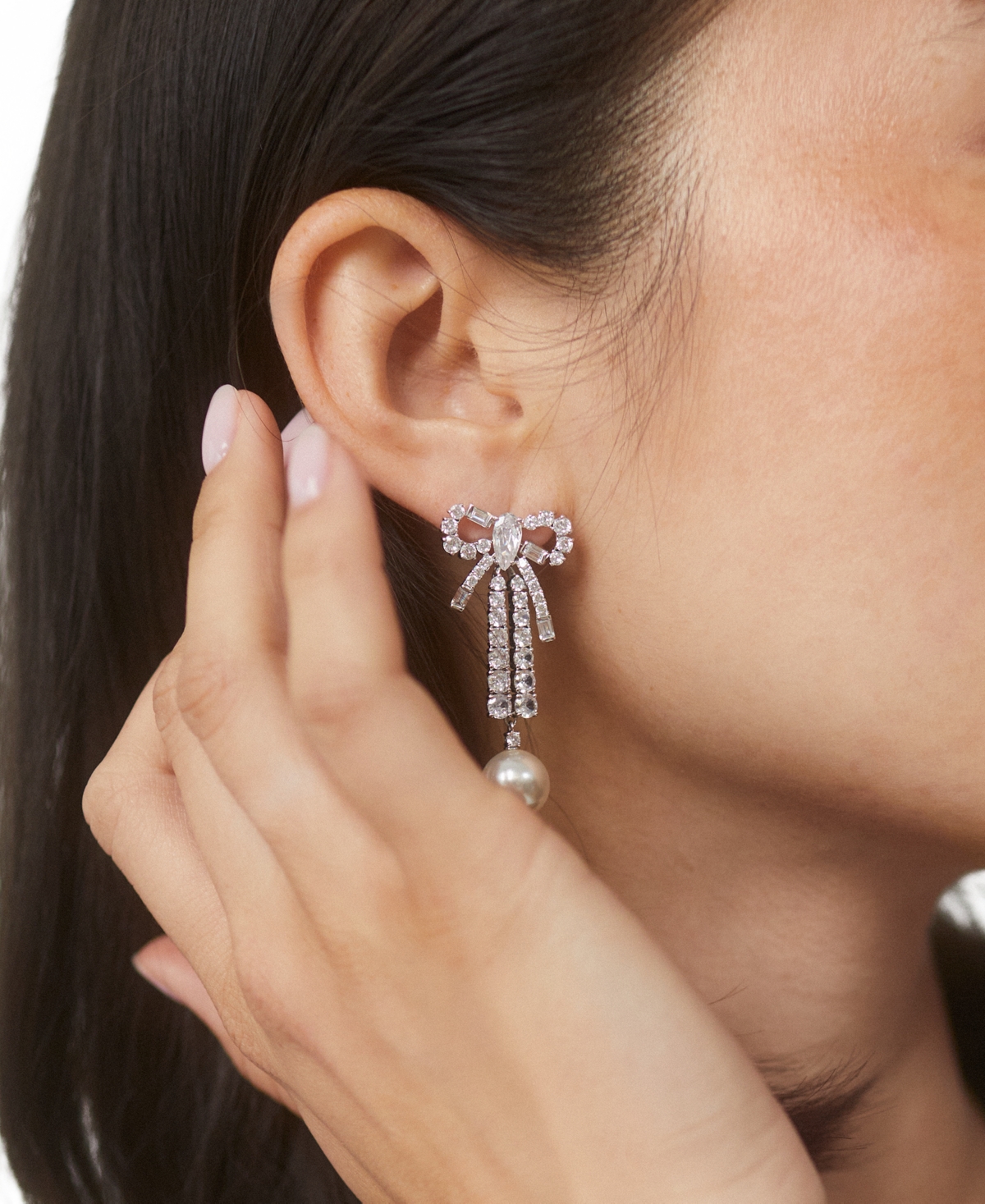 Eliot DanoriPlated Cubic Zirconia & Imitation Pearl Linear Drop Earrings, Created for Macy's - Rhodium