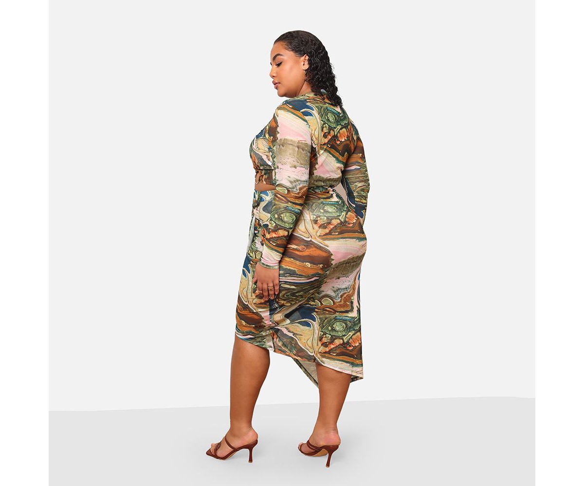 Rebdolls Women's Lana Mesh Abstract Print Midi Bodycon Skirt